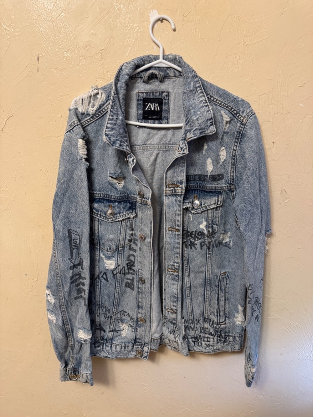 Zara Light Blue Distressed Denim Jacket with Black Script